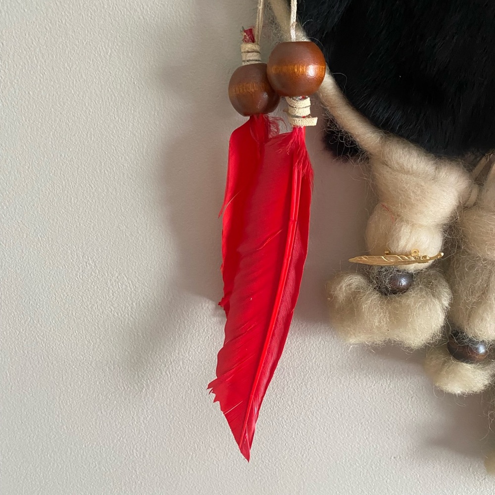RARE INDIAN VINTAGE LARGE HANDMADE DREAM CATCHER  Fur Feather‎ Native Boho 12x18 - Picture 6 of 13